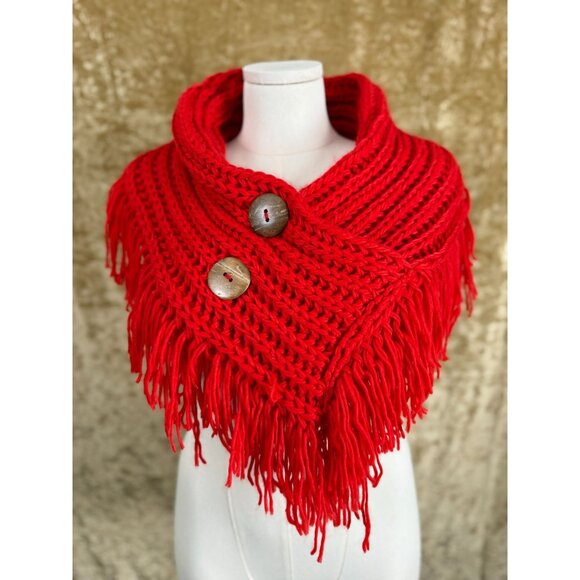 Accessories - Vintage 00s Bright Red Knitted Cowl With Oversized Natural Button Detail OS